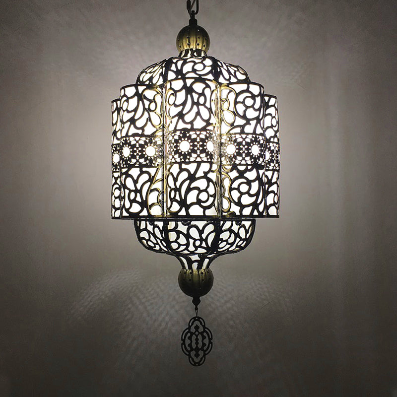 Black Lantern Ceiling Lamp Art Deco Metal 1 Head Restaurant Pendant Lighting Fixture Clearhalo 'Ceiling Lights' 'Pendant Lights' 'Pendants' Lighting' 381574