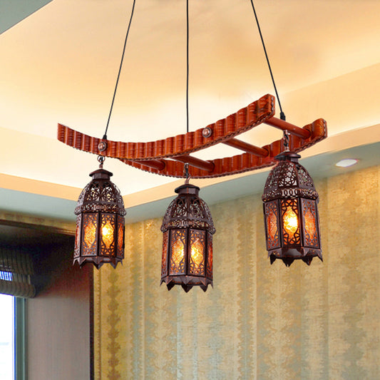 Wood Lantern Pendant Chandelier Arab Metal 3 Bulbs Dining Room Ceiling Suspension Lamp Clearhalo 'Ceiling Lights' 'Chandeliers' Lighting' options 381606