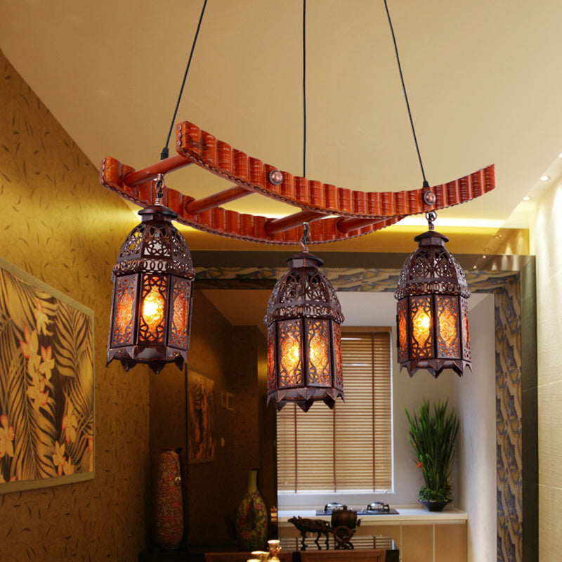 Wood Lantern Pendant Chandelier Arab Metal 3 Bulbs Dining Room Ceiling Suspension Lamp Clearhalo 'Ceiling Lights' 'Chandeliers' Lighting' options 381608