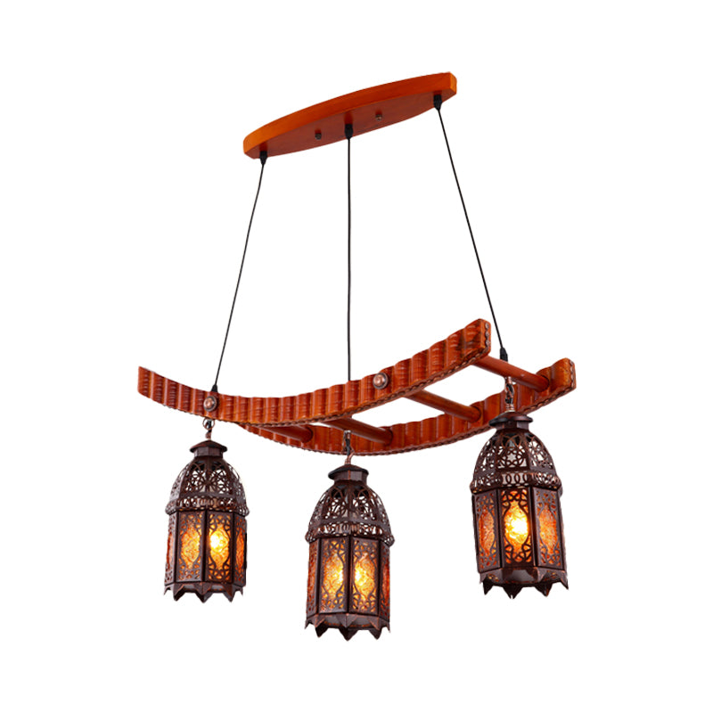 Wood Lantern Pendant Chandelier Arab Metal 3 Bulbs Dining Room Ceiling Suspension Lamp Clearhalo 'Ceiling Lights' 'Chandeliers' Lighting' options 381609