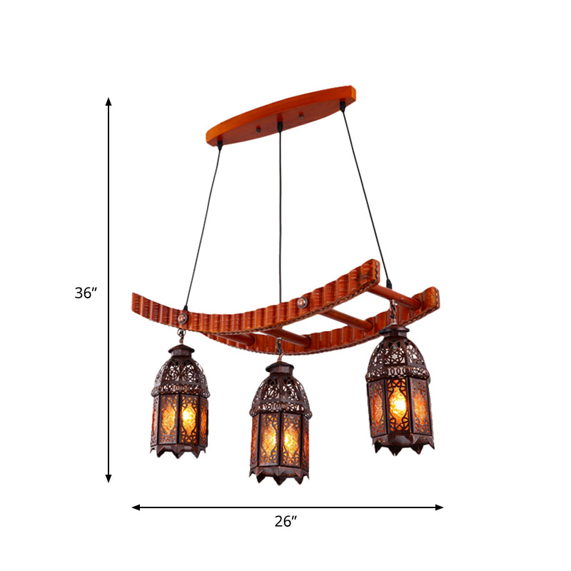 Wood Lantern Pendant Chandelier Arab Metal 3 Bulbs Dining Room Ceiling Suspension Lamp Clearhalo 'Ceiling Lights' 'Chandeliers' Lighting' options 381610