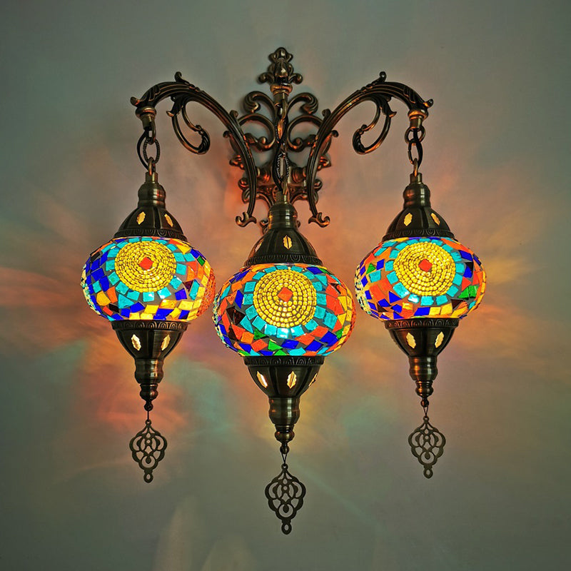 Oval Hand Cut Glass Wall Light Traditional 3 Heads Living Room Sconce Light in White/Red/Yellow Yellow-Blue Clearhalo 'Wall Lamps & Sconces' 'Wall Lights' Lighting' 381633