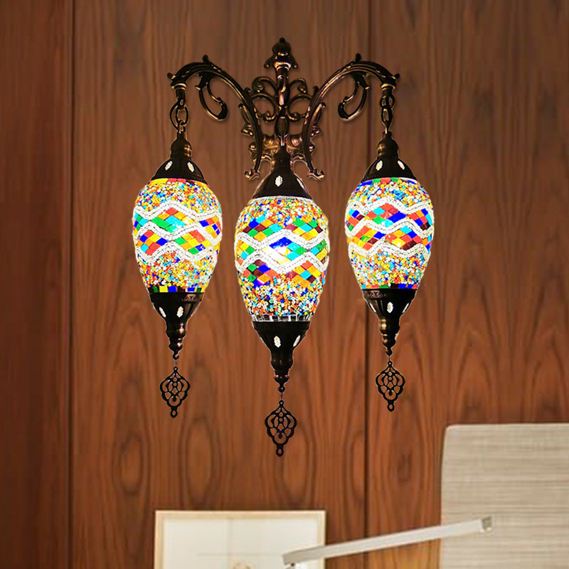 Stained Glass Yellow/Orange/Blue Wall Mount Light Oval 3 Lights Vintage Sconce Light Fixture White Clearhalo 'Wall Lamps & Sconces' 'Wall Lights' Lighting' 381636
