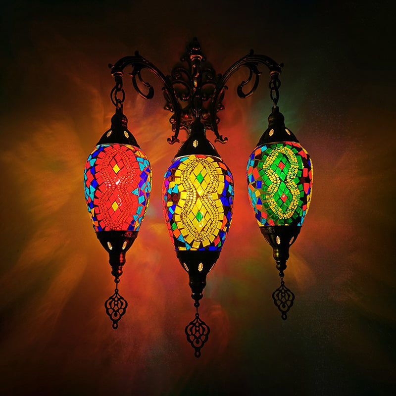 Stained Glass Yellow/Orange/Blue Wall Mount Light Oval 3 Lights Vintage Sconce Light Fixture Red-Yellow-Green Clearhalo 'Wall Lamps & Sconces' 'Wall Lights' Lighting' 381651