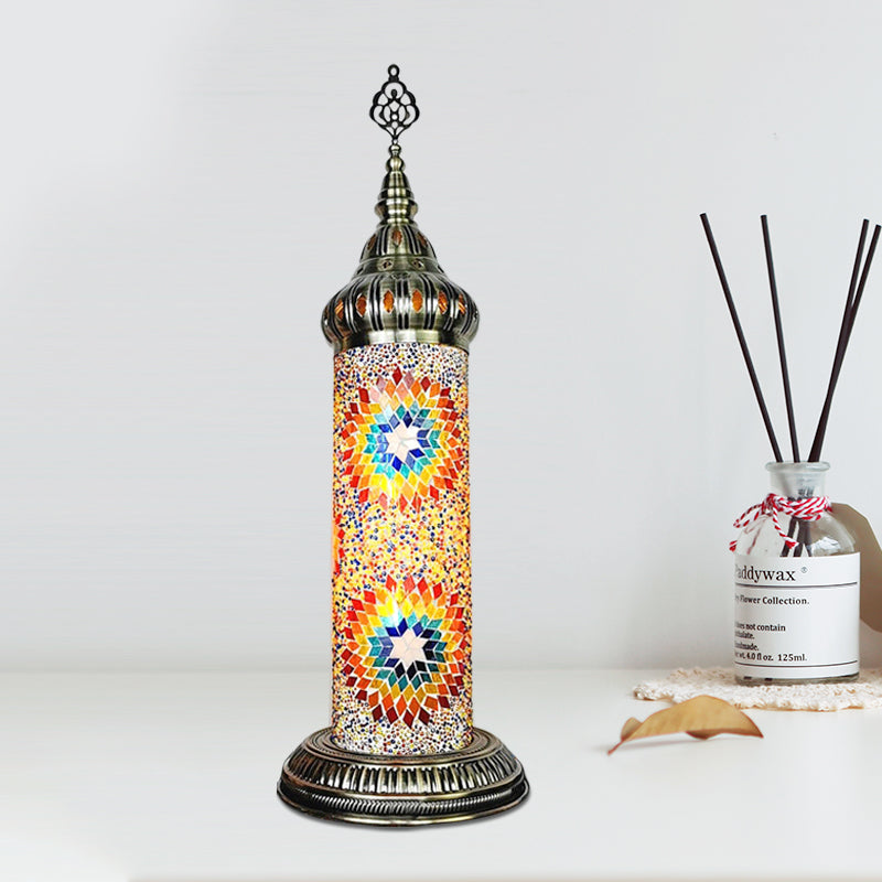 Cylinder Bedroom Table Lamp Traditional Stained Glass Yellow/Blue/Green LED Night Light Red-Yellow Clearhalo 'Lamps' 'Table Lamps' Lighting' 381653