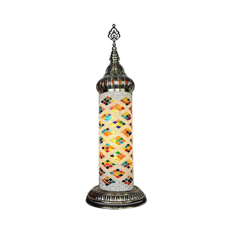 Cylinder Bedroom Table Lamp Traditional Stained Glass Yellow/Blue/Green LED Night Light Clearhalo 'Lamps' 'Table Lamps' Lighting' 381668