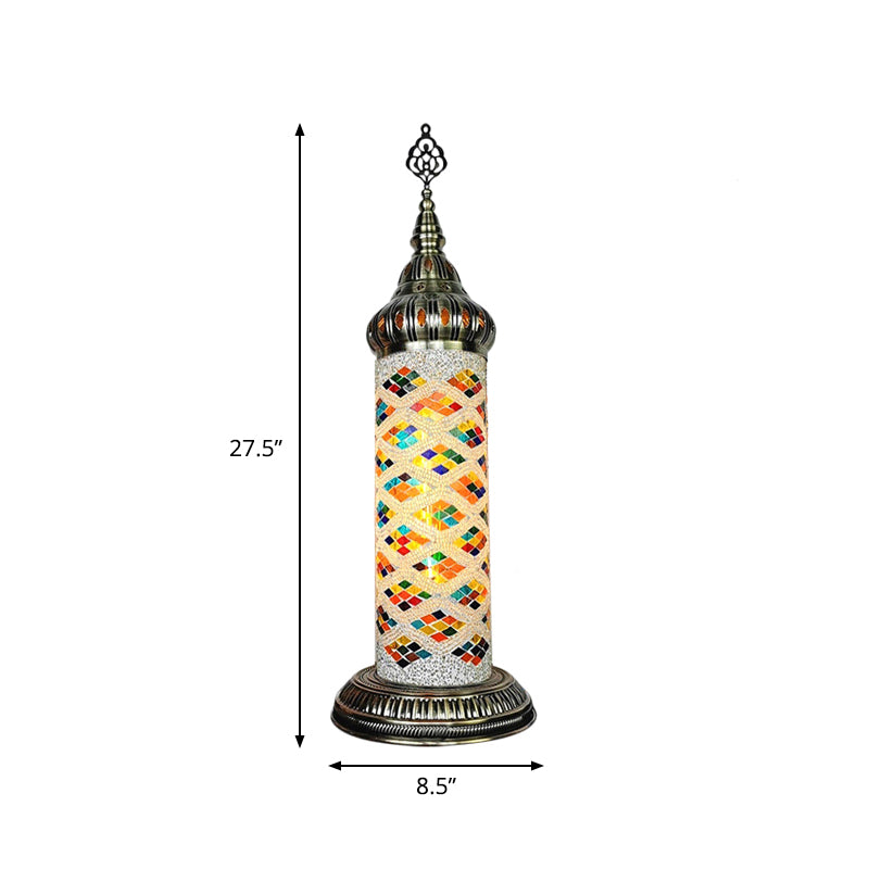 Cylinder Bedroom Table Lamp Traditional Stained Glass Yellow/Blue/Green LED Night Light Clearhalo 'Lamps' 'Table Lamps' Lighting' 381669