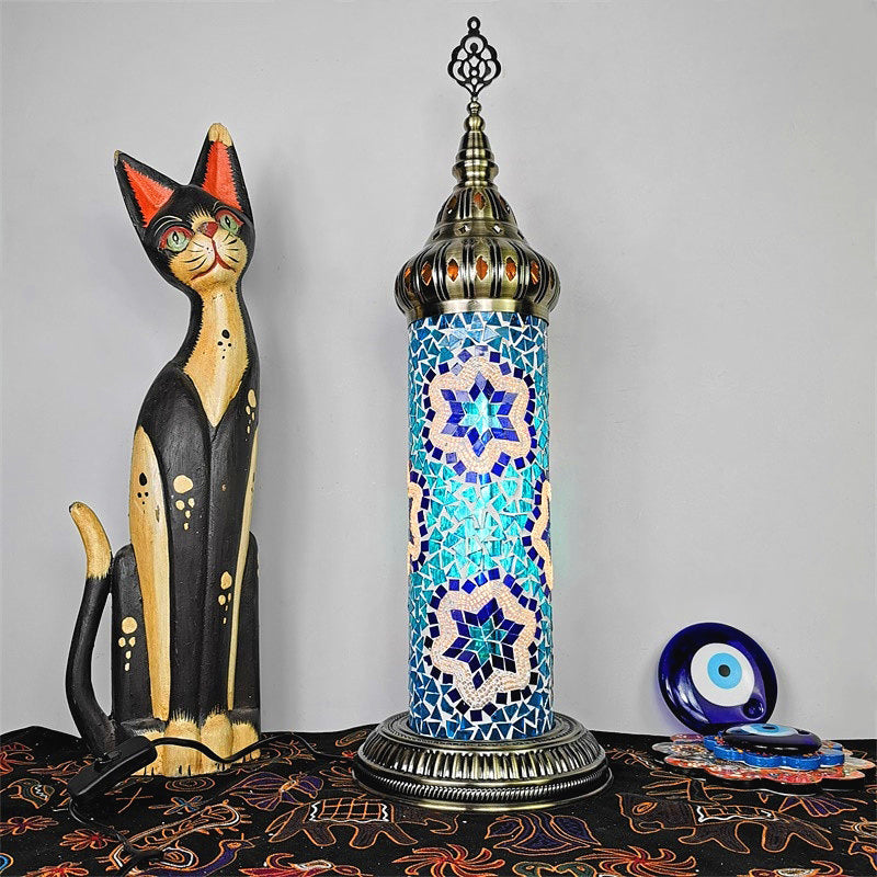 Cylinder Bedroom Table Lamp Traditional Stained Glass Yellow/Blue/Green LED Night Light Blue Clearhalo 'Lamps' 'Table Lamps' Lighting' 381678