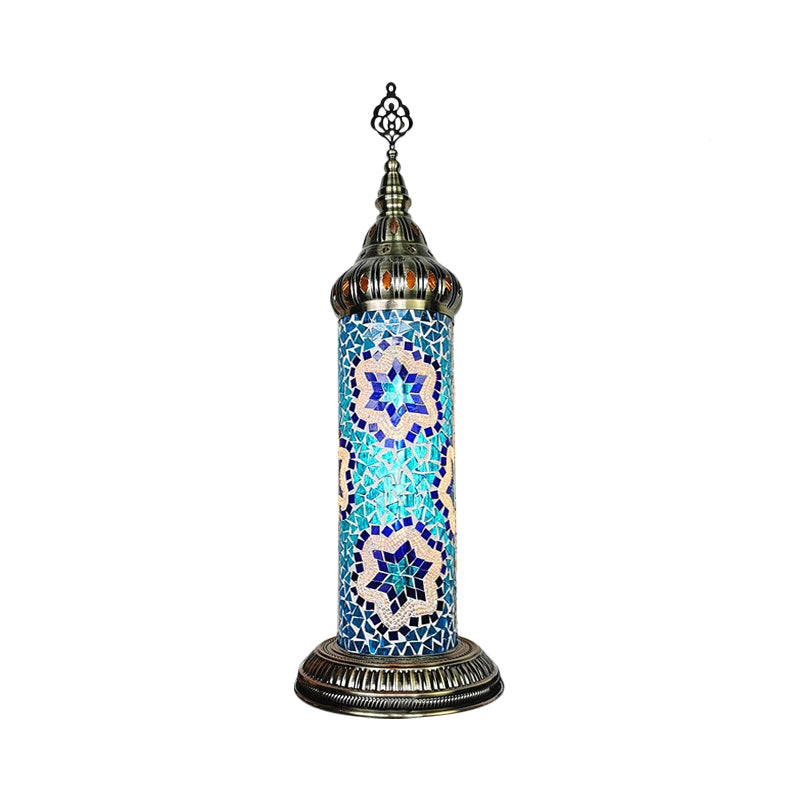 Cylinder Bedroom Table Lamp Traditional Stained Glass Yellow/Blue/Green LED Night Light Clearhalo 'Lamps' 'Table Lamps' Lighting' 381679