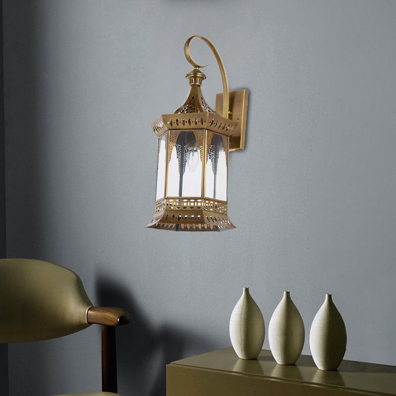 1 Light Lantern Wall Lighting Arabian Brass Metal Sconce Light Fixture for Bedroom Brass Clearhalo 'Wall Lamps & Sconces' 'Wall Lights' Lighting' 381737