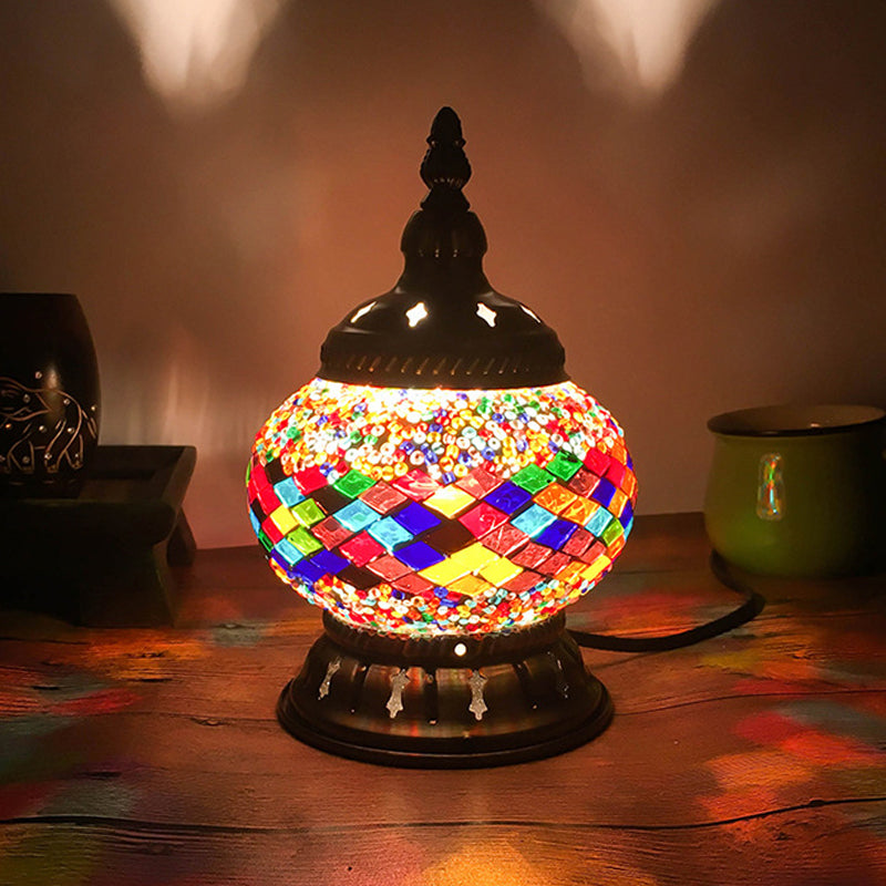 Stained Glass Red/Yellow/Orange Table Lamp Sphere 1 Head Traditional Task Lighting for Bedroom Blue-Red Clearhalo 'Lamps' 'Table Lamps' Lighting' 381752