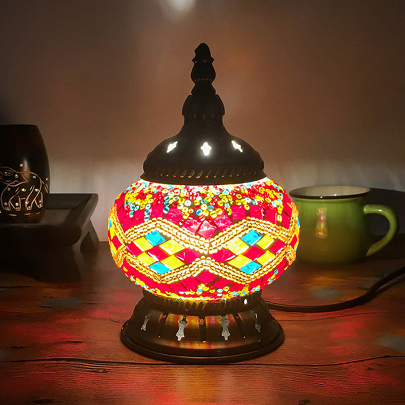 Stained Glass Red/Yellow/Orange Table Lamp Sphere 1 Head Traditional Task Lighting for Bedroom Red Clearhalo 'Lamps' 'Table Lamps' Lighting' 381754