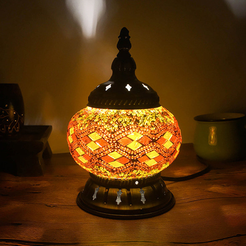 Stained Glass Red/Yellow/Orange Table Lamp Sphere 1 Head Traditional Task Lighting for Bedroom Orange Clearhalo 'Lamps' 'Table Lamps' Lighting' 381756