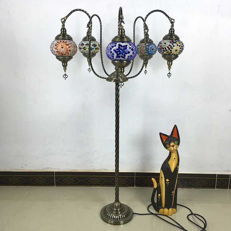 Yellow/Blue 5 Heads Standing Light Vintage Stained Art Glass Curved Arm Floor Reading Lamp Blue Clearhalo 'Floor Lamps' 'Lamps' Lighting' 381804