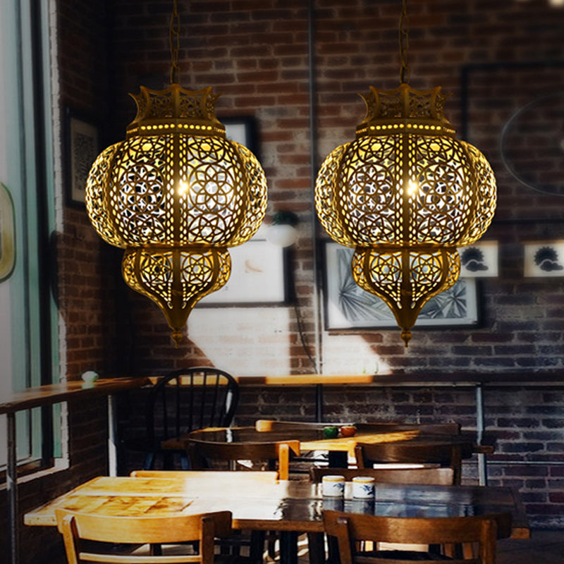 1 Bulb Metal Ceiling Suspension Lamp Decorative Brass Hollow Restaurant Pendant Lighting Clearhalo 'Ceiling Lights' 'Pendant Lights' 'Pendants' Lighting' 381837