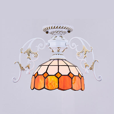 White Finish Semi Flush Light with Dome Shade Stained Glass Tiffany Style 1 Light Ceiling Fixture in Yellow/Orange/Green/Blue-Clear/Blue Orange Clearhalo 'Ceiling Lights' 'Close To Ceiling Lights' 'Close to ceiling' 'Glass shade' 'Glass' 'Semi-flushmount' 'Tiffany close to ceiling' 'Tiffany' Lighting' 38193