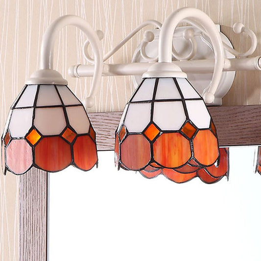 Dome Double Wall Sconce Light with Curved Arm Stained Glass Traditional Wall Lighting in Blue/Orange Orange Clearhalo 'Industrial' 'Middle century wall lights' 'Tiffany wall lights' 'Tiffany' 'Wall Lamps & Sconces' 'Wall Lights' Lighting' 38299