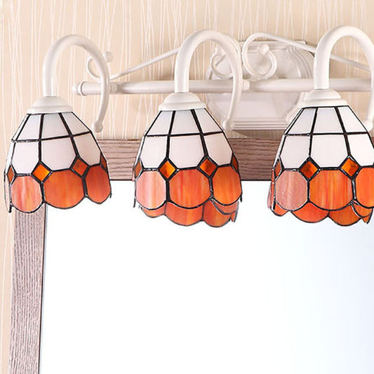 3 Lights Grid Dome Wall Sconce Stained Glass Tiffany Bathroom Vanity Light in Blue/Orange Orange Clearhalo 'Industrial' 'Middle century wall lights' 'Tiffany wall lights' 'Tiffany' 'Wall Lamps & Sconces' 'Wall Lights' Lighting' 38335