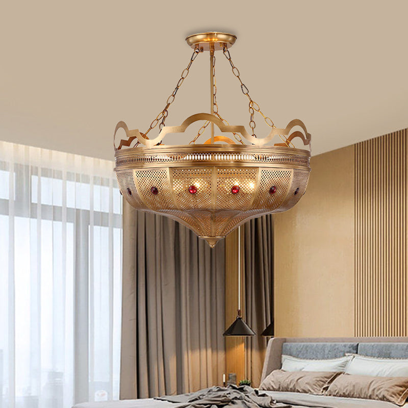 Brass 6 Lights Ceiling Lamp Art Deco Metal Hollow Semi Flush Mount Lighting for Living Room Clearhalo 'Ceiling Lights' 'Close To Ceiling Lights' 'Close to ceiling' 'Semi-flushmount' Lighting' 383524