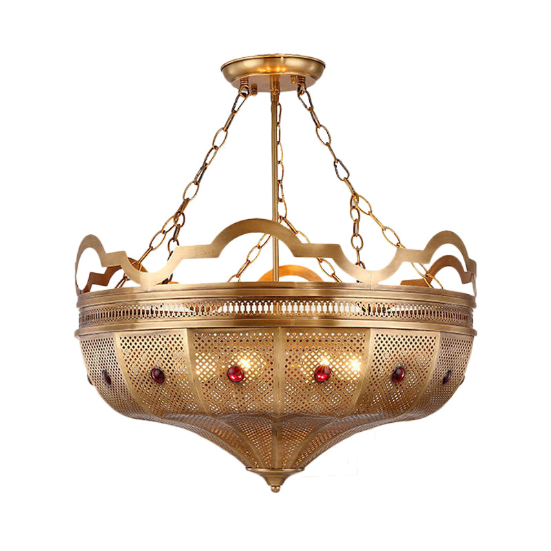 Brass 6 Lights Ceiling Lamp Art Deco Metal Hollow Semi Flush Mount Lighting for Living Room Clearhalo 'Ceiling Lights' 'Close To Ceiling Lights' 'Close to ceiling' 'Semi-flushmount' Lighting' 383525