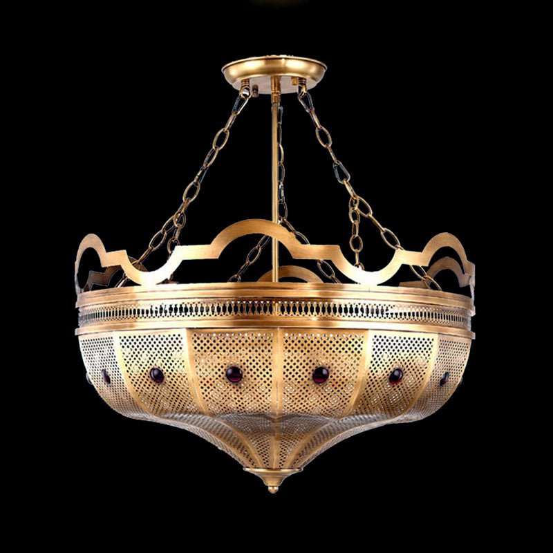 Brass 6 Lights Ceiling Lamp Art Deco Metal Hollow Semi Flush Mount Lighting for Living Room Clearhalo 'Ceiling Lights' 'Close To Ceiling Lights' 'Close to ceiling' 'Semi-flushmount' Lighting' 383526