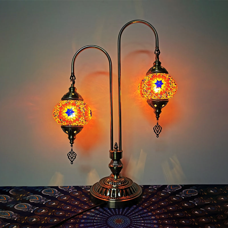 2 Heads Stained Glass Night Light Traditional White/Yellow/Orange Oval/Cup-Shape Bedside Table Lamp Blue-Orange Clearhalo 'Lamps' 'Table Lamps' Lighting' 384047