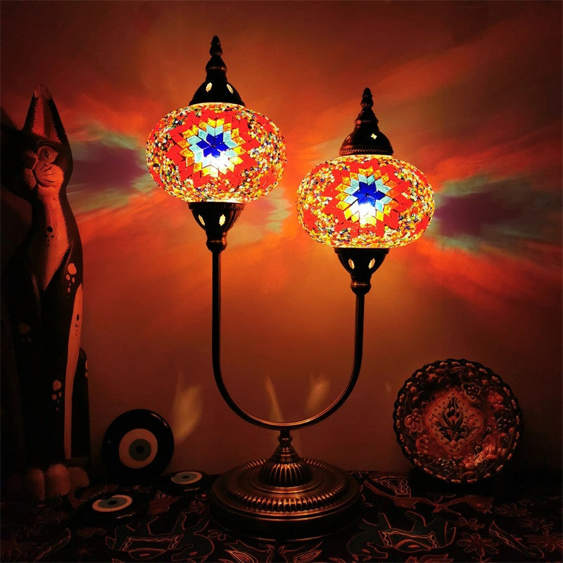 Elliptical Hand Cut Glass Desk Light Vintage 2 Heads Bedroom Nightstand Lamp in Yellow/Orange/Blue Orange Clearhalo 'Lamps' 'Table Lamps' Lighting' 384059