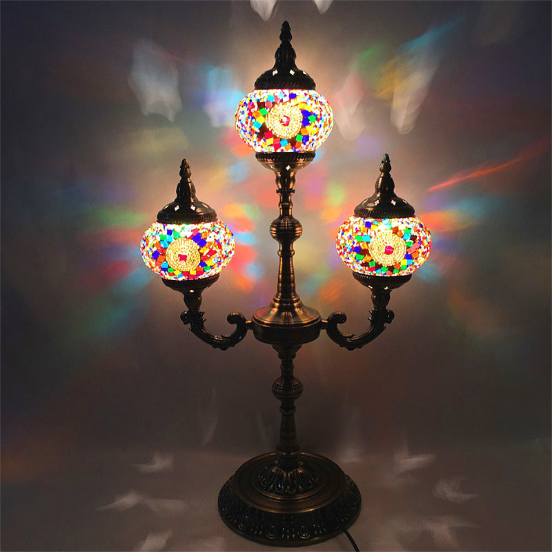 3 Lights Trident Night Light Traditional Beige/Orange/Blue Multicolored Stained Glass for Bedside Beige Clearhalo 'Lamps' 'Table Lamps' Lighting' 384103