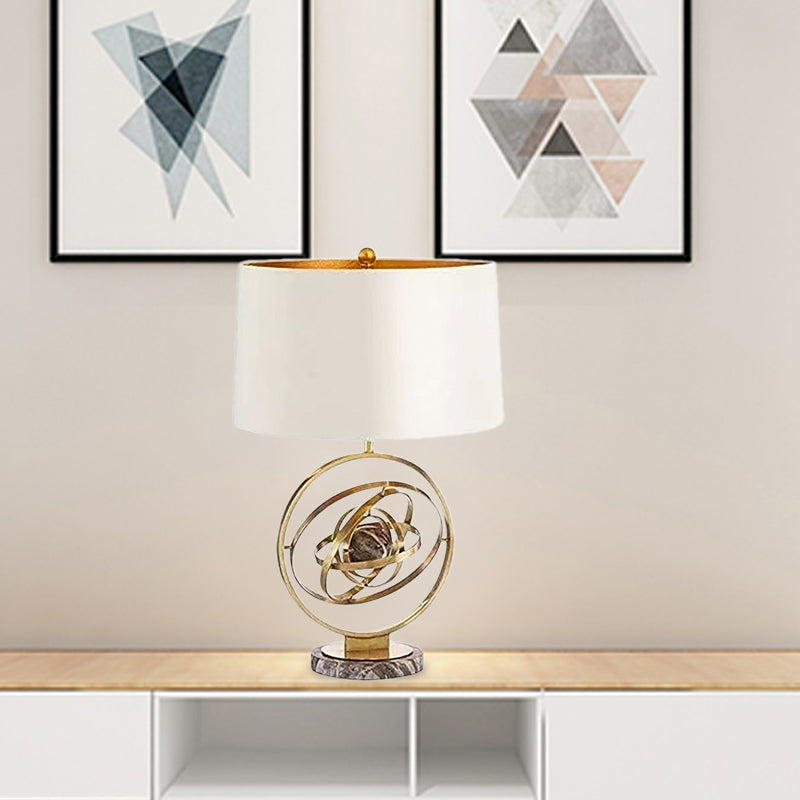 1 Head Drum Desk Light Modernism Fabric Table Lamp in White with Round Marble Base White Clearhalo 'Lamps' 'Table Lamps' Lighting' 384168