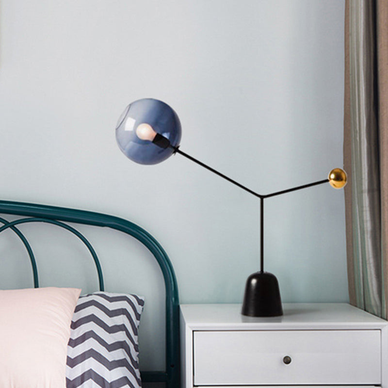 1 Head Living Room Task Light Modern Black Small Desk Lamp with Globe Blue Glass Shade Clearhalo 'Lamps' 'Table Lamps' Lighting' 384612