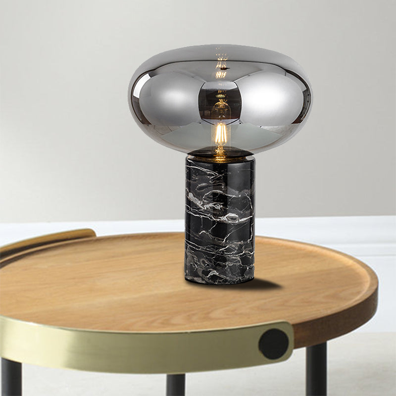 Oval Task Light Modern Smoke Gray/Amber Glass 1 Head Desk Lamp with Black Cylinder Marble Base, 9"/12.5" Wide Clearhalo 'Lamps' 'Table Lamps' Lighting' 384668