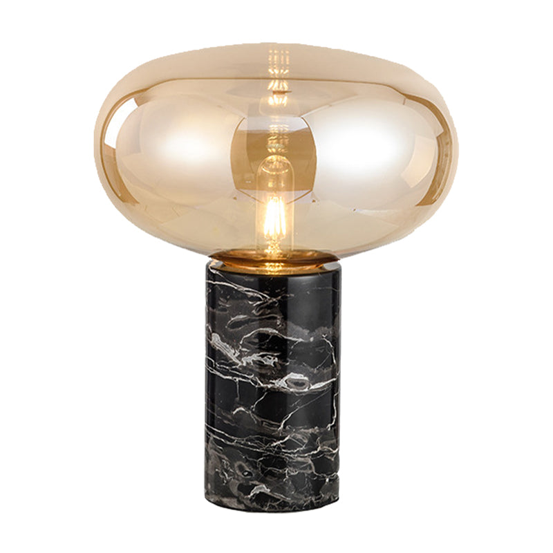 Oval Task Light Modern Smoke Gray/Amber Glass 1 Head Desk Lamp with Black Cylinder Marble Base, 9"/12.5" Wide Clearhalo 'Lamps' 'Table Lamps' Lighting' 384673