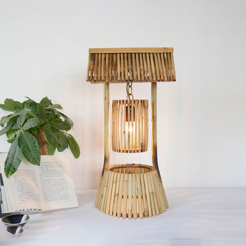 Chinese Hand-Worked Desk Light Bamboo 1 Bulb Task Lighting in Khaki for Teahouse Khaki Clearhalo 'Lamps' 'Table Lamps' Lighting' 384731