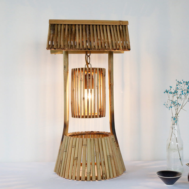 Chinese Hand-Worked Desk Light Bamboo 1 Bulb Task Lighting in Khaki for Teahouse Clearhalo 'Lamps' 'Table Lamps' Lighting' 384732