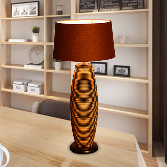 Oval Task Lighting Asia Wood 1 Bulb Coffee Small Desk Lamp with Drum Fabric Shade Coffee Clearhalo 'Lamps' 'Table Lamps' Lighting' 384736