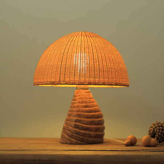 Domed Bamboo Small Desk Lamp Asian 1 Head Beige Task Lighting with Curvy Wood Base Beige Clearhalo 'Lamps' 'Table Lamps' Lighting' 384741