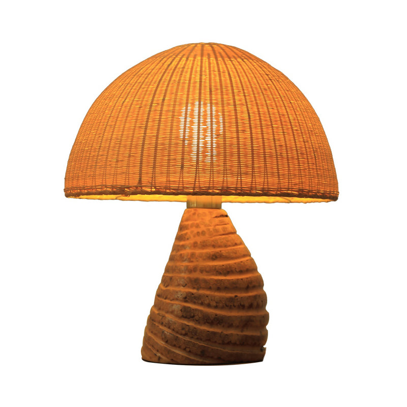 Domed Bamboo Small Desk Lamp Asian 1 Head Beige Task Lighting with Curvy Wood Base Clearhalo 'Lamps' 'Table Lamps' Lighting' 384744