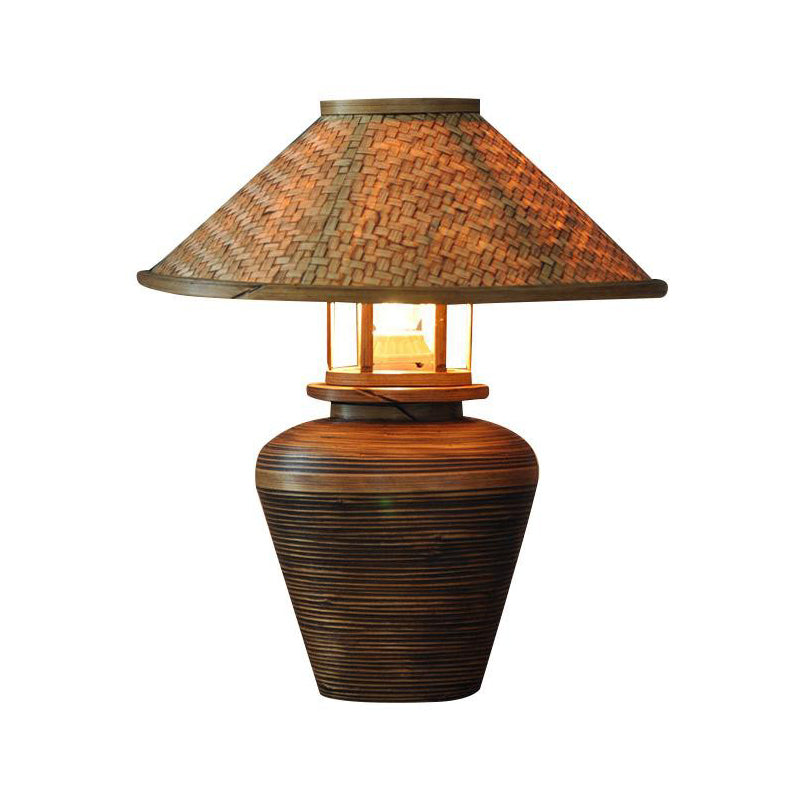 Asian Urn Desk Lamp Wood 1 Head Task Lighting in Brown with Tapered Bamboo Shade Clearhalo 'Lamps' 'Table Lamps' Lighting' 384749