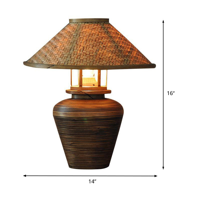 Asian Urn Desk Lamp Wood 1 Head Task Lighting in Brown with Tapered Bamboo Shade Clearhalo 'Lamps' 'Table Lamps' Lighting' 384750