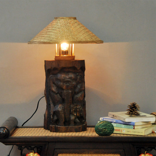 Bamboo Wide Flare Task Light Asia 1 Head Beige Small Desk Lamp with Wood Elephant Beige Clearhalo 'Lamps' 'Table Lamps' Lighting' 384751