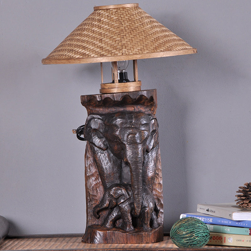 Bamboo Wide Flare Task Light Asia 1 Head Beige Small Desk Lamp with Wood Elephant Clearhalo 'Lamps' 'Table Lamps' Lighting' 384752