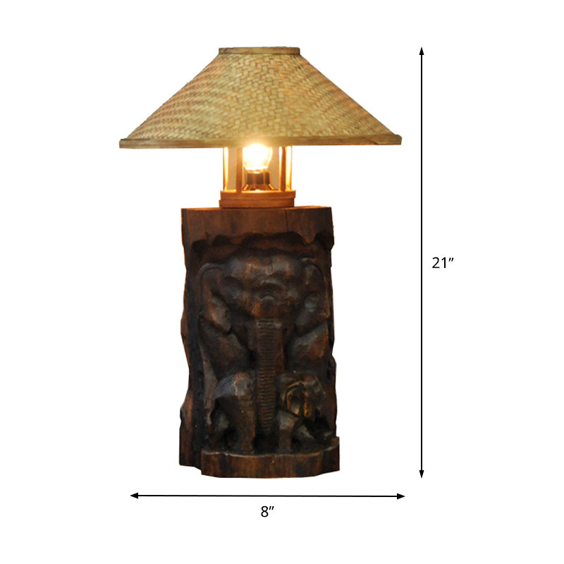 Bamboo Wide Flare Task Light Asia 1 Head Beige Small Desk Lamp with Wood Elephant Clearhalo 'Lamps' 'Table Lamps' Lighting' 384755