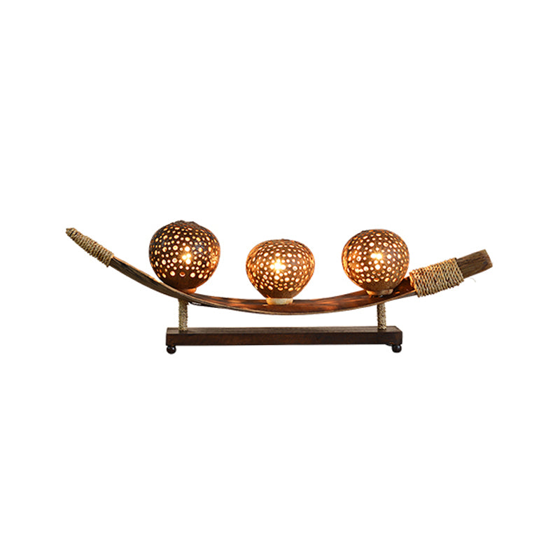 3 Heads Living Room Desk Lamp Asia Brown Task Lighting with Laser Cut Wood Shade Clearhalo 'Lamps' 'Table Lamps' Lighting' 384759