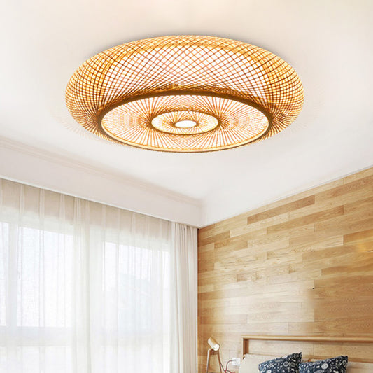 Asian 3 Bulbs Flush Light Flaxen Donut Close to Ceiling Lighting with Bamboo Shade Flaxen Clearhalo 'Ceiling Lights' 'Close To Ceiling Lights' 'Close to ceiling' 'Flush mount' Lighting' 384766