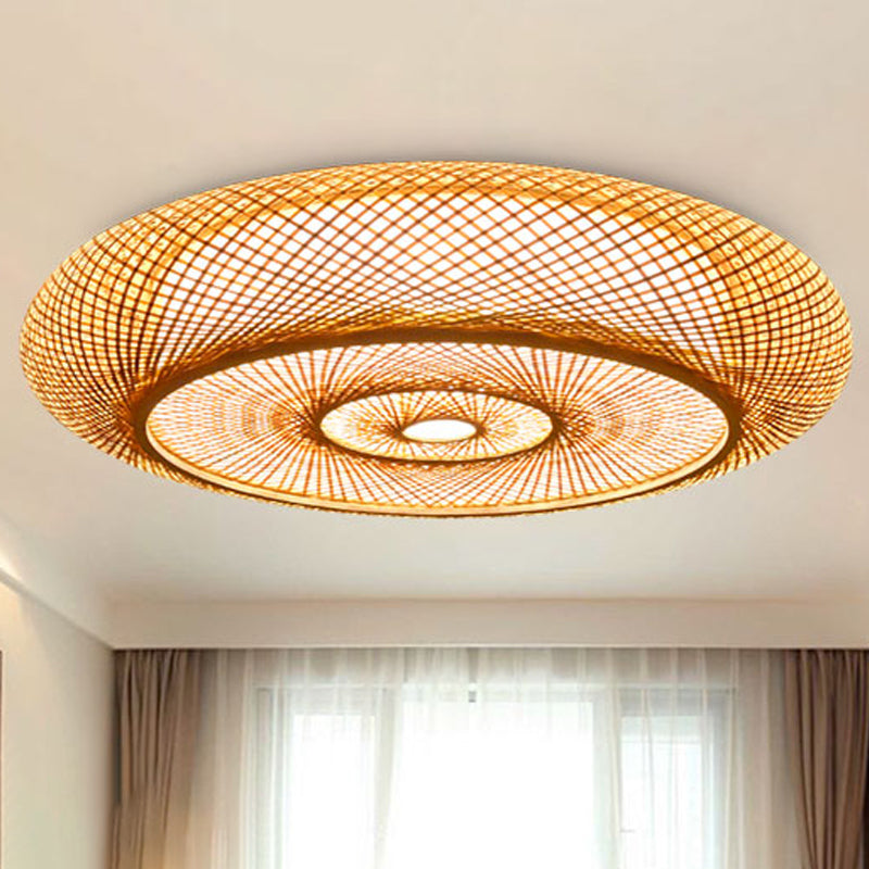 Asian 3 Bulbs Flush Light Flaxen Donut Close to Ceiling Lighting with Bamboo Shade Clearhalo 'Ceiling Lights' 'Close To Ceiling Lights' 'Close to ceiling' 'Flush mount' Lighting' 384767