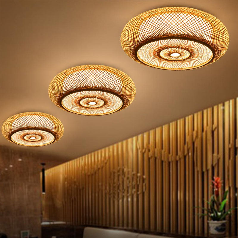 Asian 3 Bulbs Flush Light Flaxen Donut Close to Ceiling Lighting with Bamboo Shade Clearhalo 'Ceiling Lights' 'Close To Ceiling Lights' 'Close to ceiling' 'Flush mount' Lighting' 384768