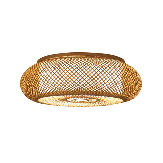 Asian 3 Bulbs Flush Light Flaxen Donut Close to Ceiling Lighting with Bamboo Shade Clearhalo 'Ceiling Lights' 'Close To Ceiling Lights' 'Close to ceiling' 'Flush mount' Lighting' 384769