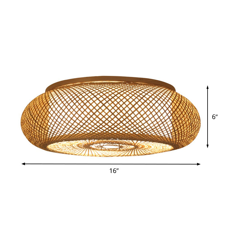 Asian 3 Bulbs Flush Light Flaxen Donut Close to Ceiling Lighting with Bamboo Shade Clearhalo 'Ceiling Lights' 'Close To Ceiling Lights' 'Close to ceiling' 'Flush mount' Lighting' 384770