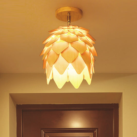 1 Bulb Bedroom Semi Flush Light Asia Beige Ceiling Mounted Fixture with Dome Wood Shade Wood Clearhalo 'Ceiling Lights' 'Close To Ceiling Lights' 'Close to ceiling' 'Semi-flushmount' Lighting' 384771