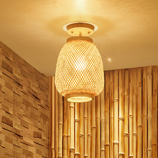 Lantern Bamboo Semi-Flush Mount Asian 1 Head Beige Ceiling Mounted Fixture for Restaurant Beige Clearhalo 'Ceiling Lights' 'Close To Ceiling Lights' 'Close to ceiling' 'Semi-flushmount' Lighting' 384781